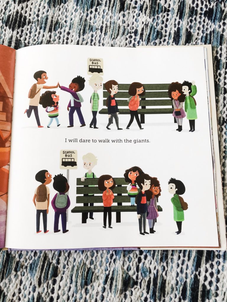 An excerpt from the picture book I Will Be Fierce by Bea Birdsong. Shows a brave little girl "walking with giants" and sitting among older children at school.